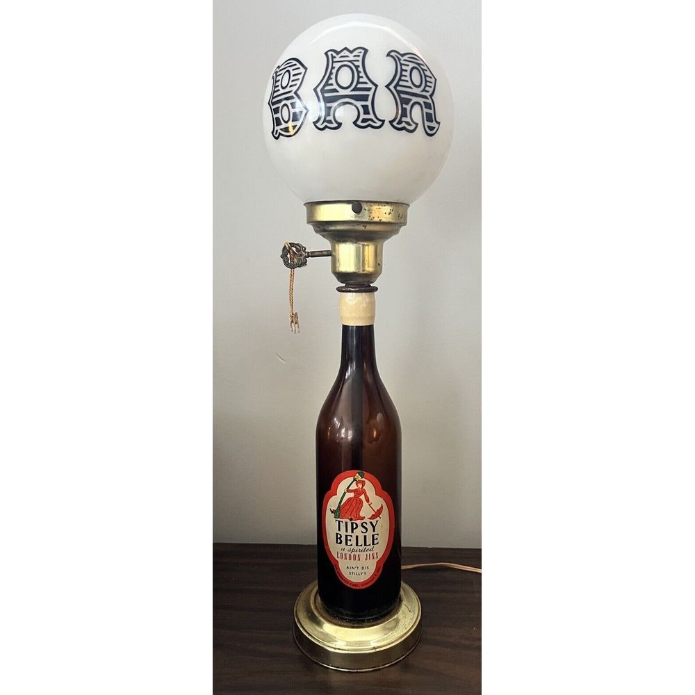 Vintage White Glass BAR Globe Tavern Man Cave Graphic Tipsy Belle Liquor USA 21"